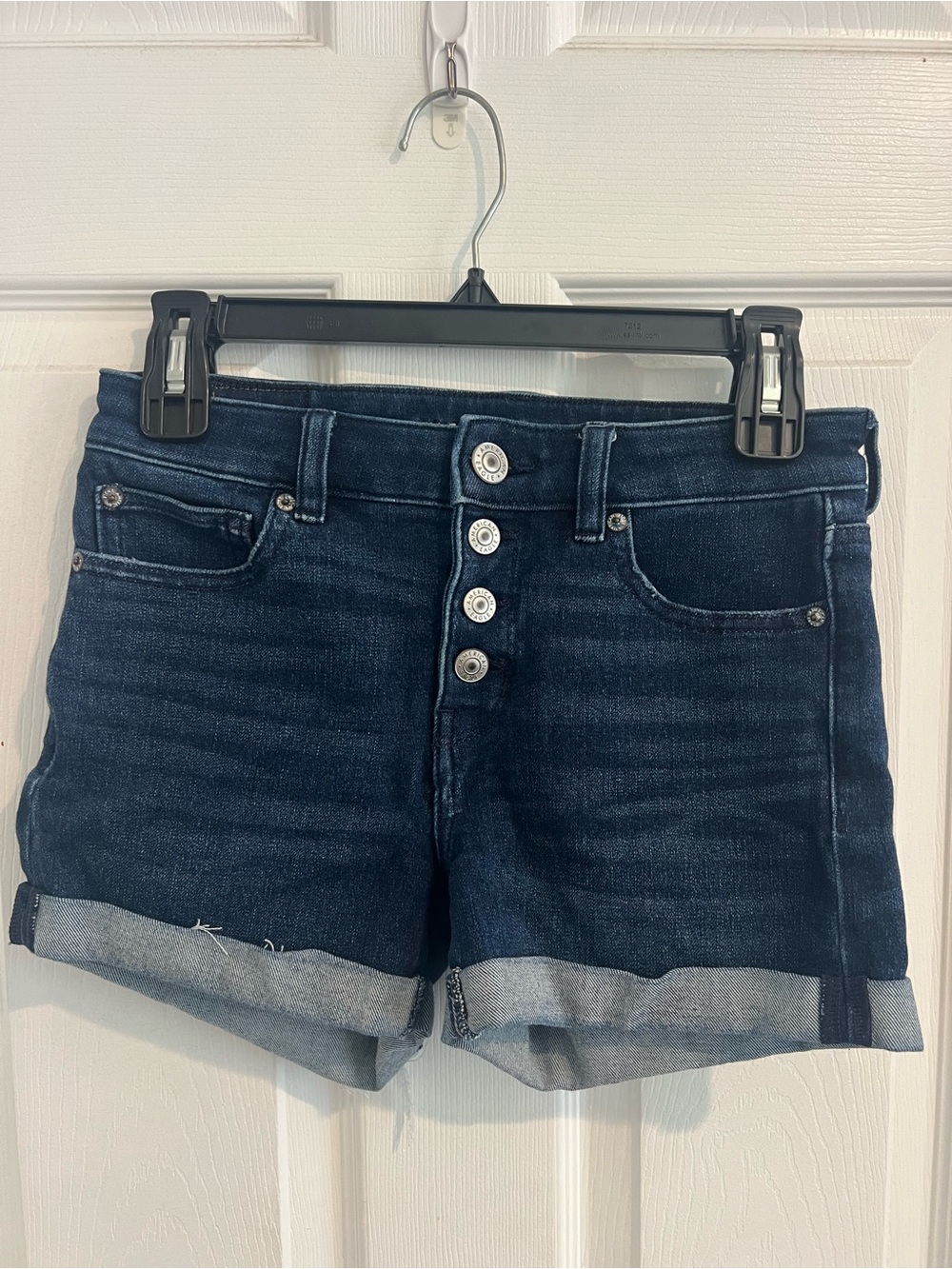 American Eagle Outfitters Dark Indigo Button-Fly Cuffed Denim Shorts Midi Length